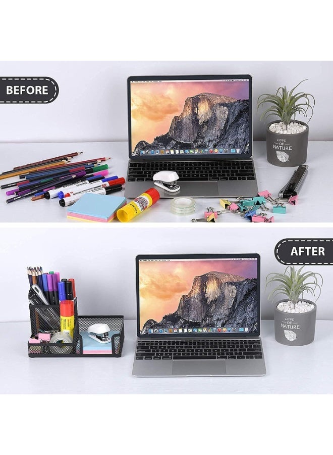 FAYET Black Mesh Desk Organizer Pencil Holder with Sticky Notes Slot, Metal Office Supplies Caddy for Pens, Pencils, Scissors and Paper Clips for Home, School and Office - Image 2